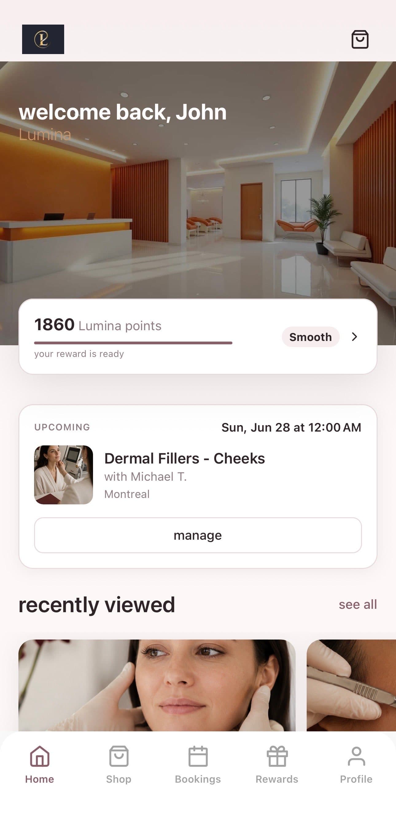 Sample delam patient app home for a fictional clinic, showing a membership reward and an upcoming visit.