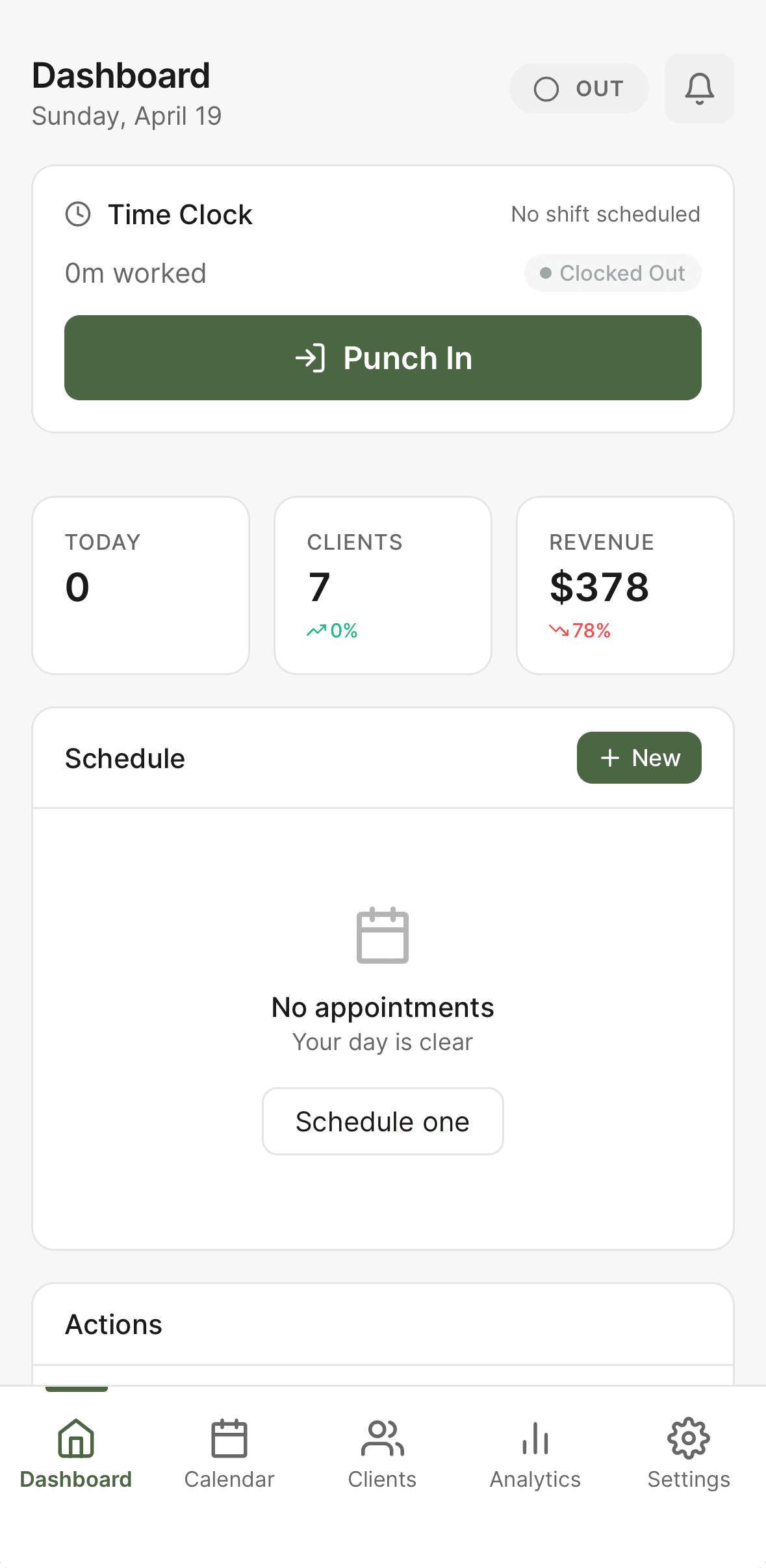 Delam staff mobile app home screen showing today's schedule, earnings, and punch status