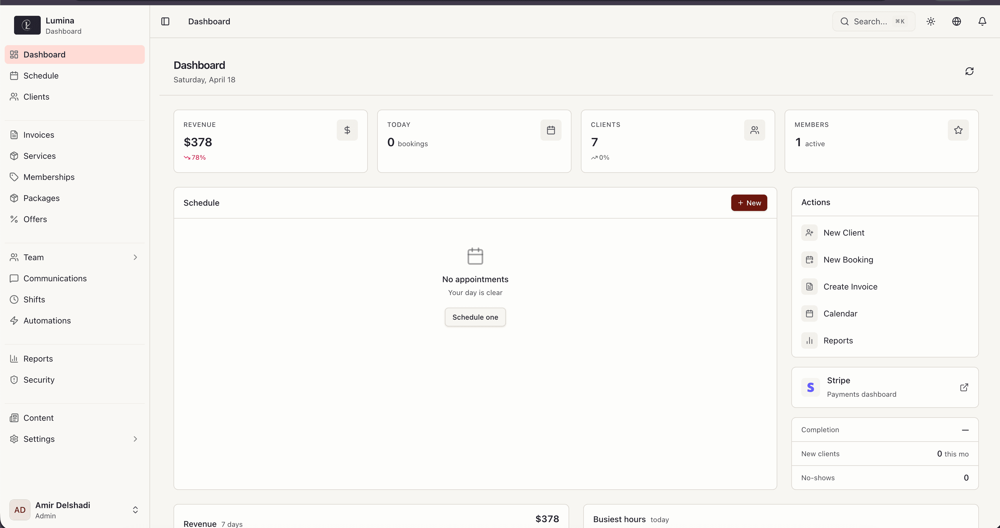 Delam business dashboard, revenue, bookings, clients, and members at a glance